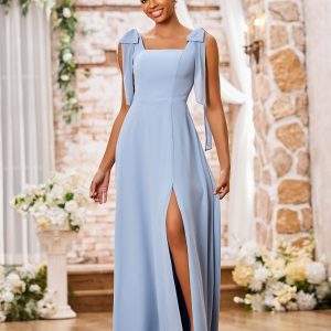 Double Bows Straps Square Neck Chiffon Dresses with Slit Dusty Blue
